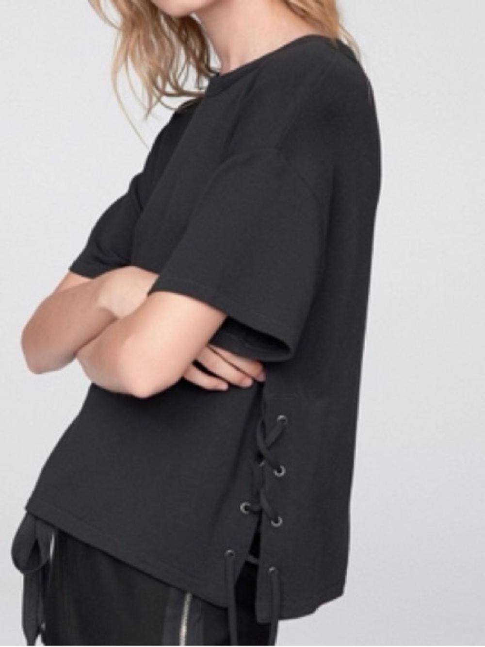 rag & bone Black Short Sleeve Tee with Side Lace-Up Detail Size S